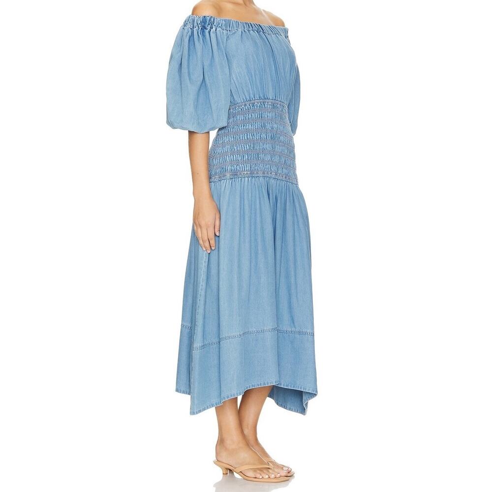 Misa Los Angeles Dress Womens Medium Blue Denim Smocked Puff Sleeve Midi NWT - Picture 3 of 11